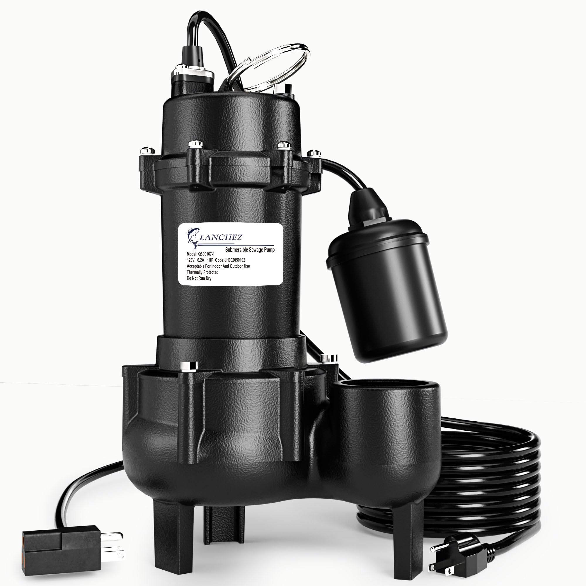LANCHEZ 1HP 6600 GPH Submersible Sewage Pump, Heavy Duty Cast Iron